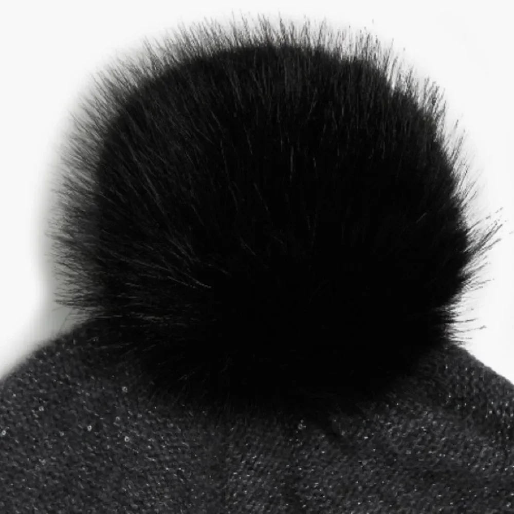 Sofia Cashmere Sequin 100%‎ Cashmere Beanie with Faux Fur Pompom Gray/Black, NWT